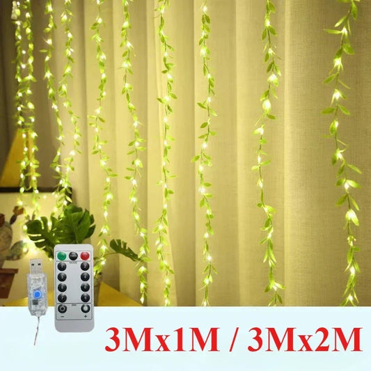 green leaf LED curtain festoon lights for window New Year Eid al Fitr Christmas home decor