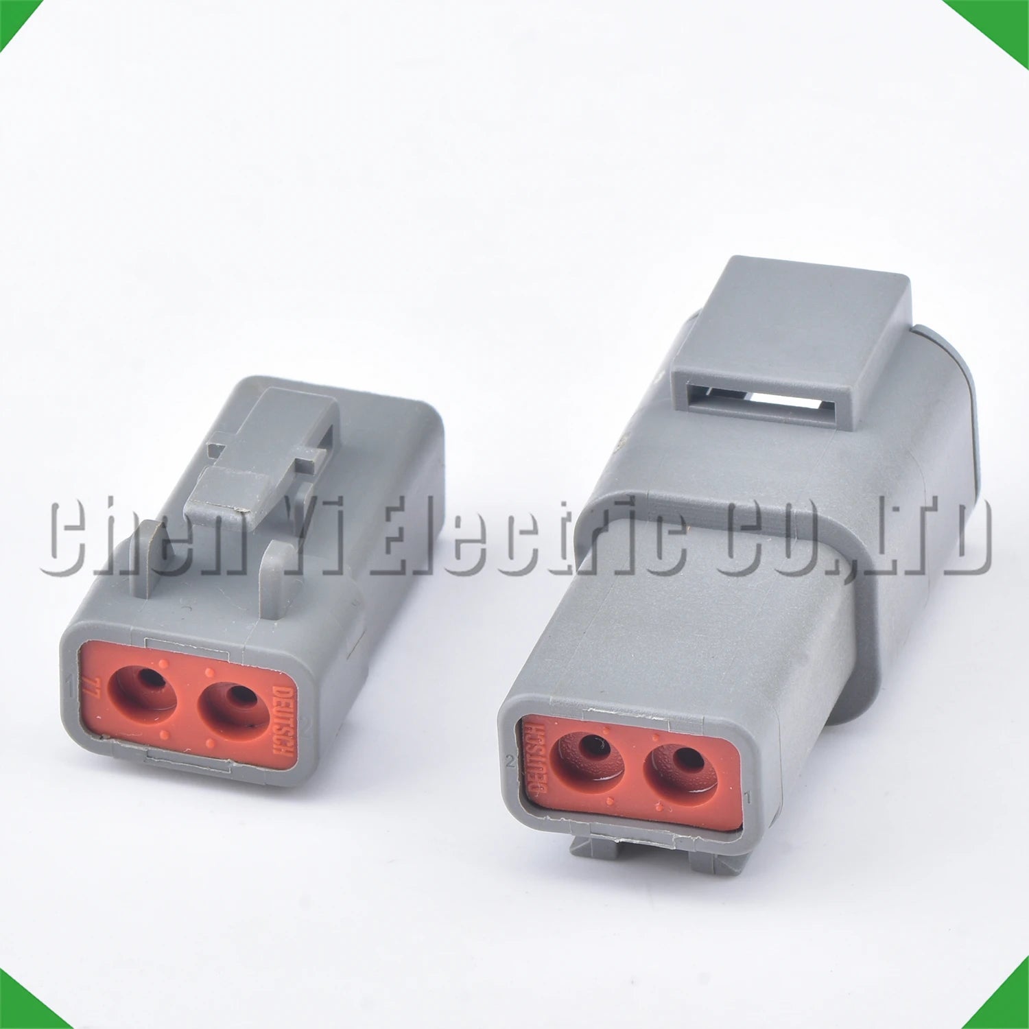 Close-up of 2 Pin grey DTP series waterproof connector for trucks, 15cm 12 AWG wire, DTP06-2S DTP04-2P