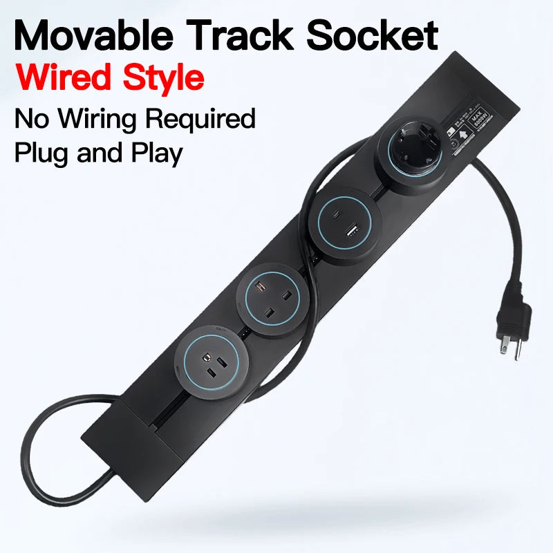 Grey and black power track socket rail with modular design, USB Type-C, wall mounted outlet strip 40cm-50cm