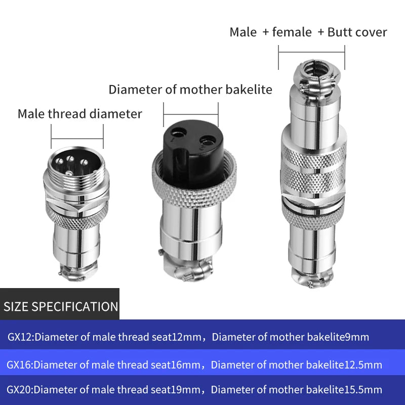 Series of GX12 2–7 pin aviation plug and socket connectors, circular waterproof thread butt joint, male and female