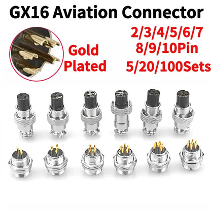 Gold plated GX16 circular aviation connector 2-9Pin male and female docking electric wire plug