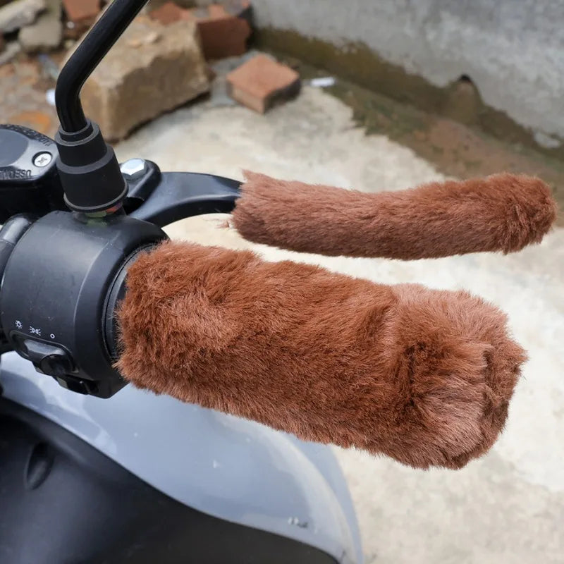 Plush handlebar grip cover installed on motorcycle handlebars
