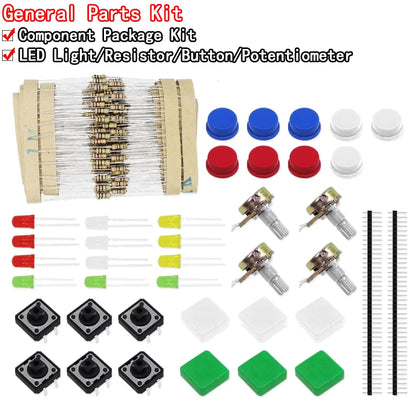 Portable resistor kit for Arduino starter kit, includes LED, potentiometer, tact switch, and pin header, ideal for DIY electronics and prototyping projects