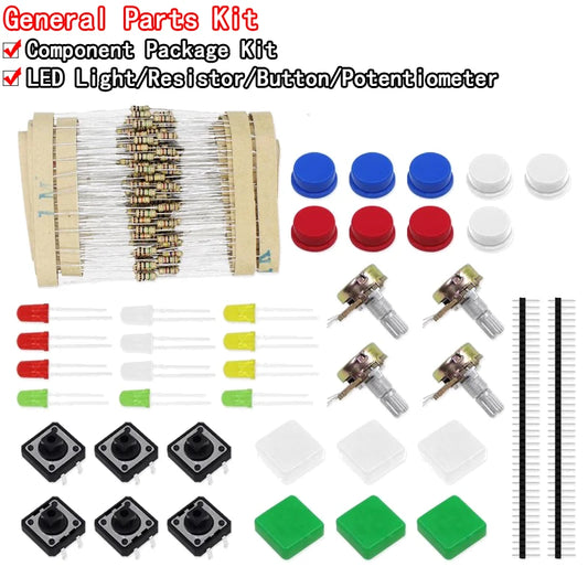 Portable resistor kit for Arduino starter kit, includes LED, potentiometer, tact switch, and pin header, ideal for DIY electronics and prototyping projects