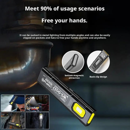 COB LED flashlight with hat clip for hands-free use