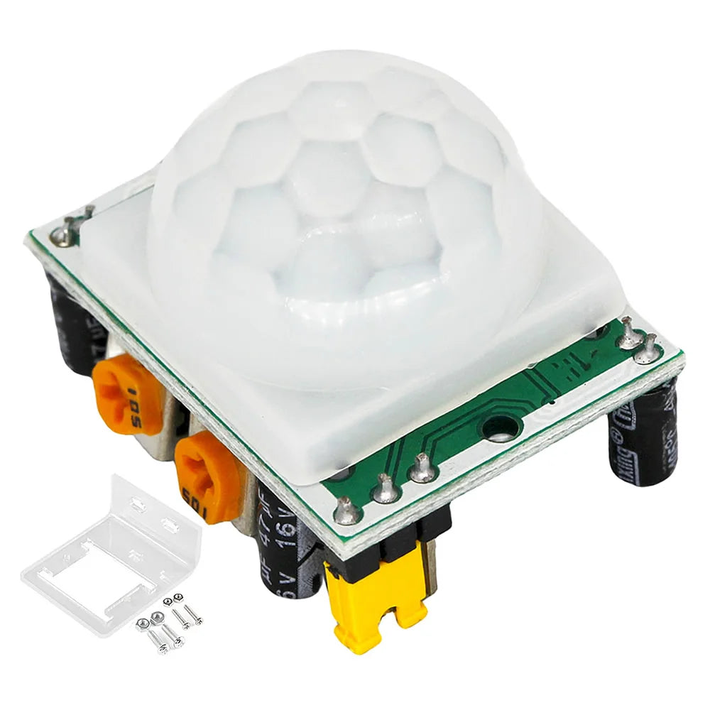 HC-SR501 PIR infrared motion detector sensor module with protective case, compatible with Arduino and Raspberry Pi for DIY electronics and automation projects