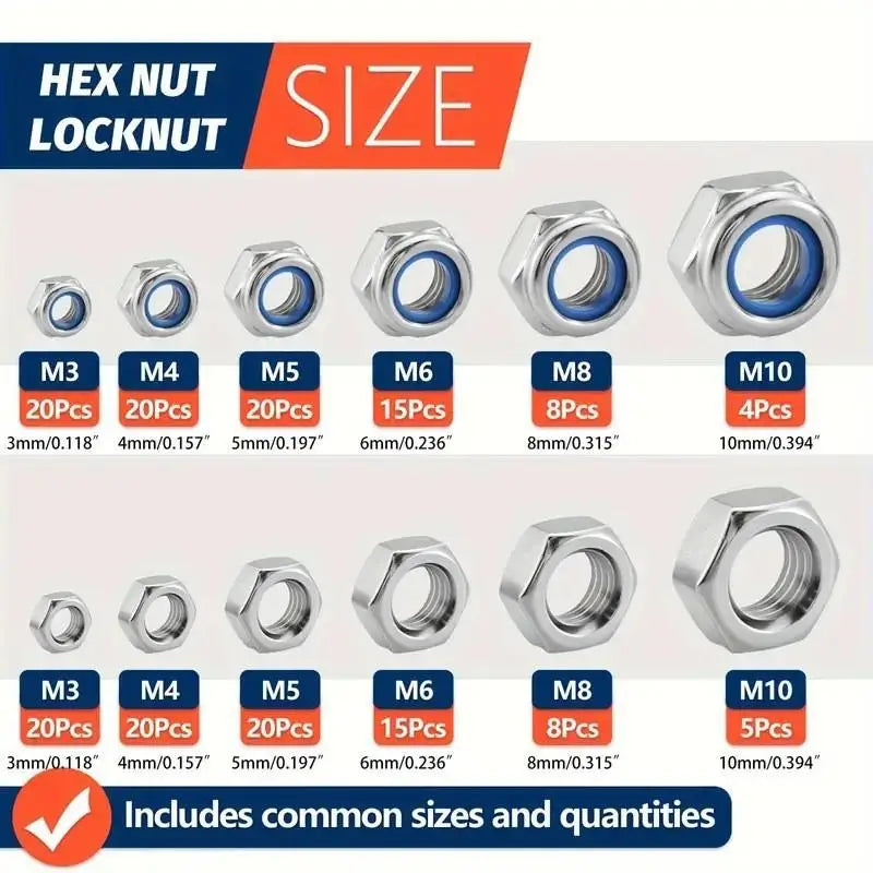Hex nylon insert locknut kit for automotive and repair
