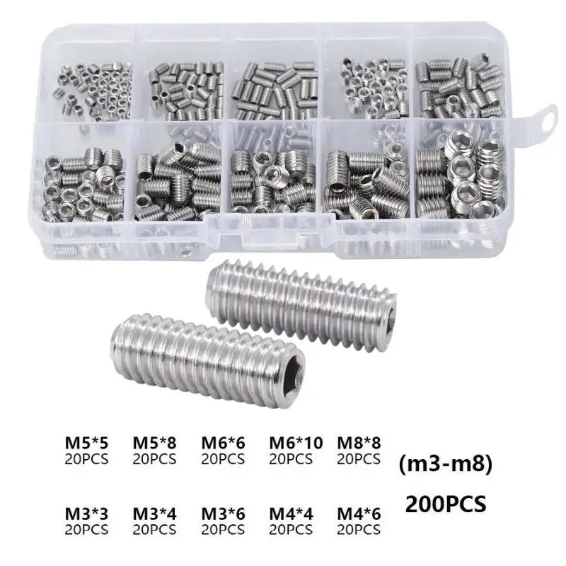 Close-up of hex socket flat end screws from 200Pcs headless machine screw set