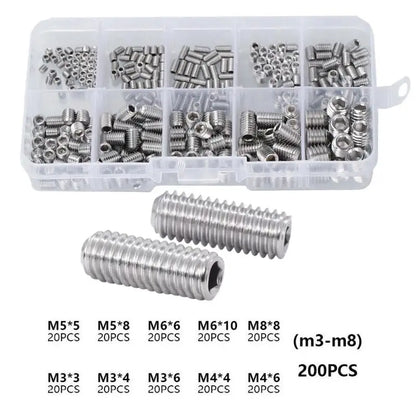 Close-up of hex socket flat end screws from 200Pcs headless machine screw set