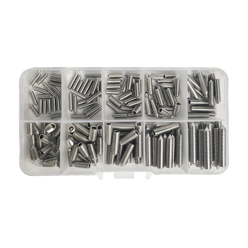 304 stainless steel DIN914 grub screws showing M3 M4 M5 M6 M8 M10 sizes and hex socket point