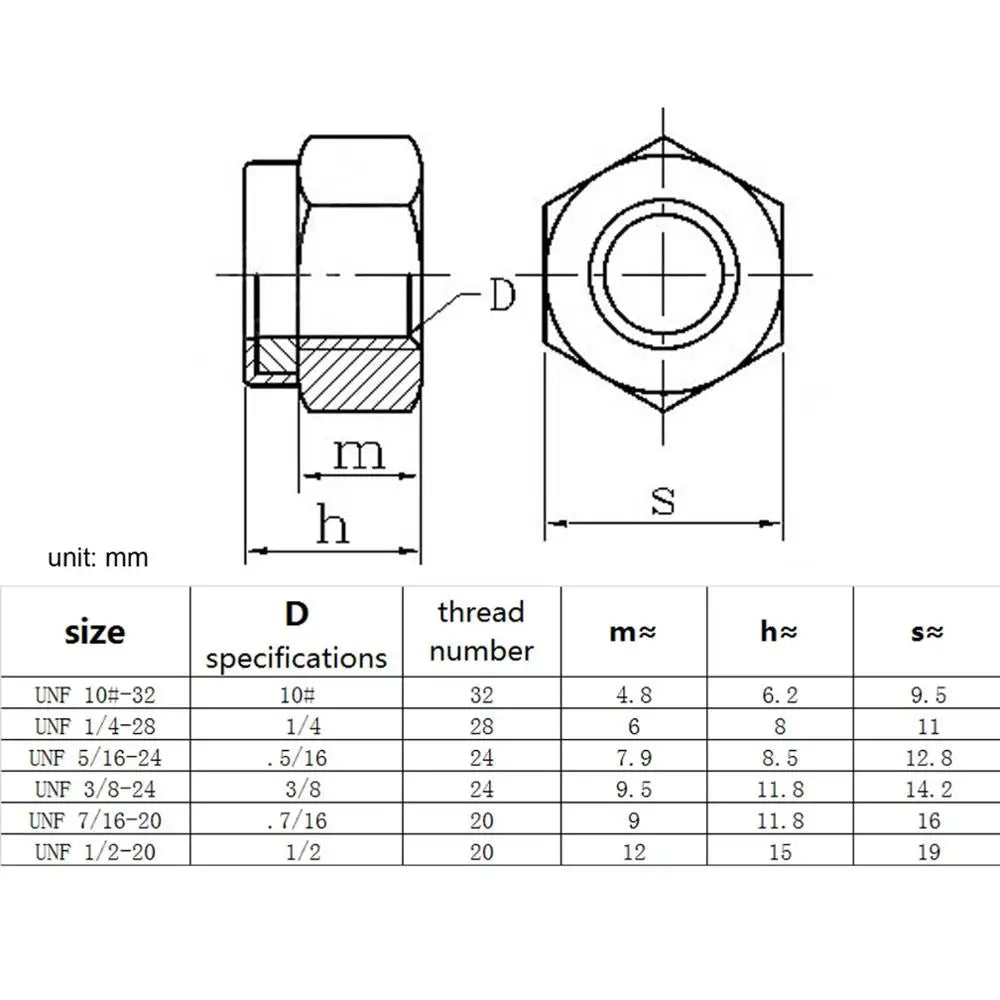 304 A2-70 Stainless Steel Hex Nylock Lock Nut UNF 10#–1/2 Fine Thread Self-Locking Keszoox