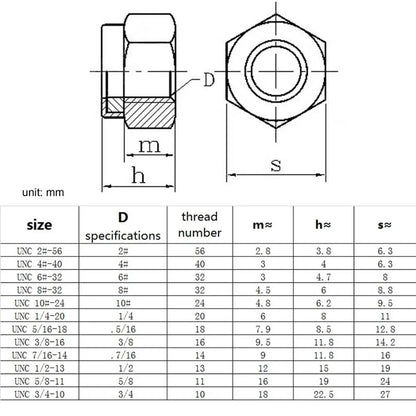 304 A2-70 Stainless Steel Hex Nylock Lock Nut UNC 2#-56 to 1/2-13 Coarse Thread Self-Locking Keszoox