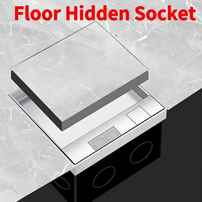 Hidden floor socket with USB charging ports, 304 stainless steel underground power outlet, EU FR BR IL IT standard, 130×130mm