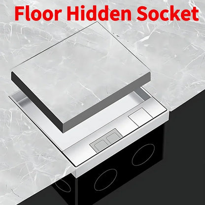 Hidden floor socket with USB charging ports, 304 stainless steel underground power outlet, EU FR BR IL IT standard, 130×130mm