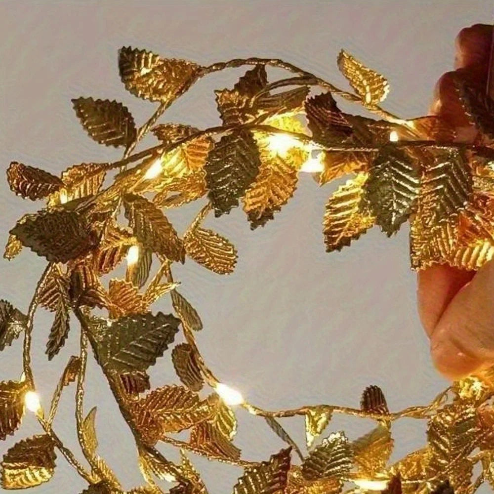 2-10M LED fairy lights with golden leaves, perfect for DIY wreath, holiday, and party decoration at home