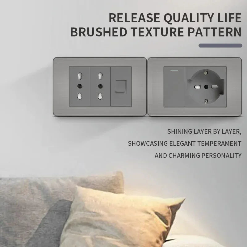 Stainless steel wall socket installed in home or office, 118x75mm Italian-style with USB-C and Schuko Chilean plug, brushed finish