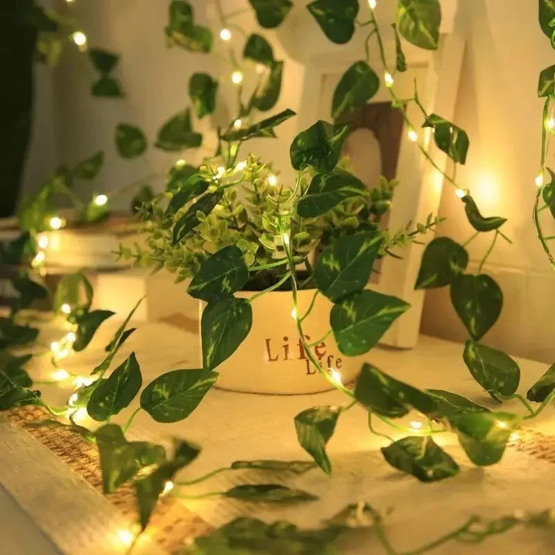 Close-up of LED ivy fairy light string structure for home and wedding wreath