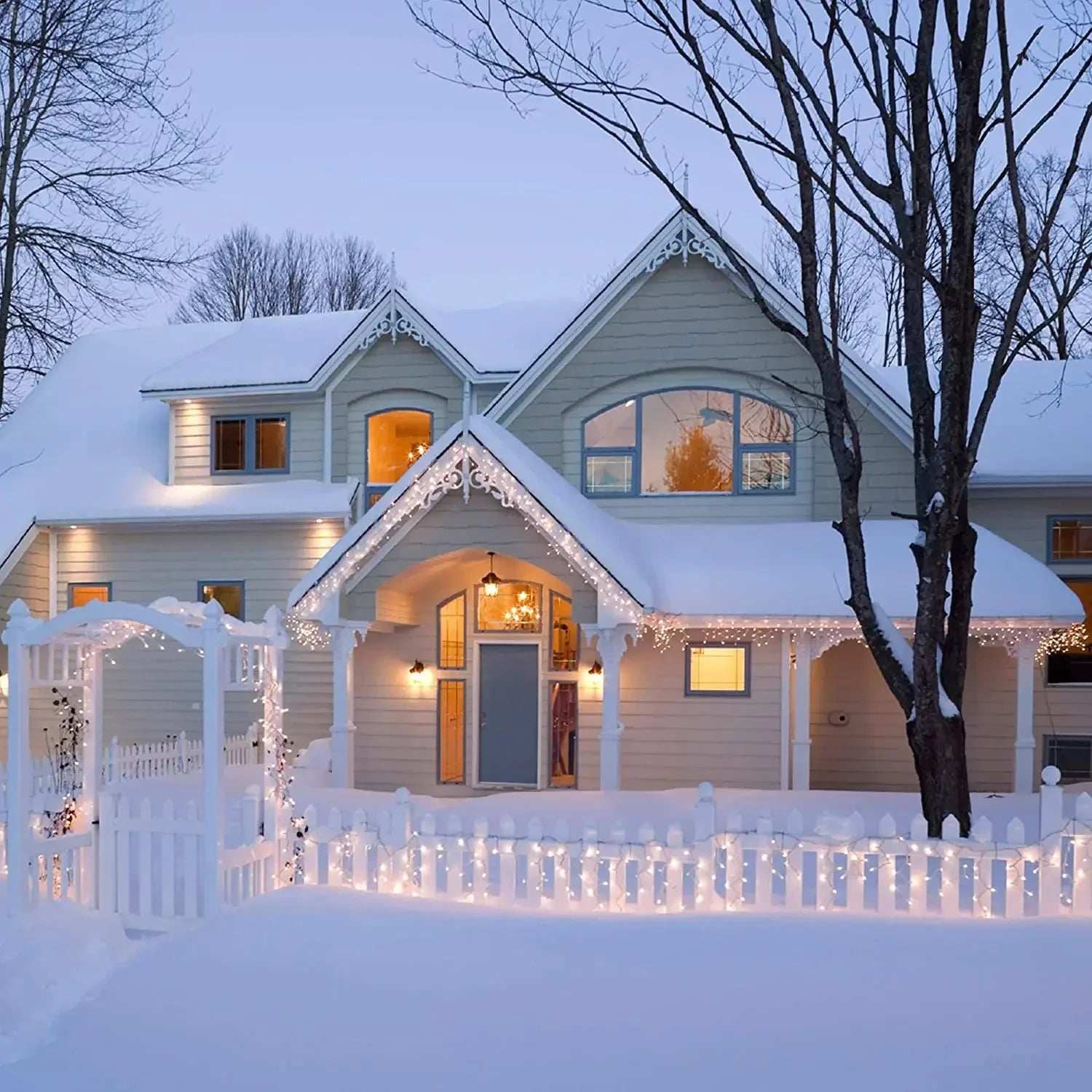 Close-up of Christmas icicle LED curtain string light structure