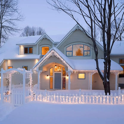 Close-up of Christmas icicle LED curtain string light structure