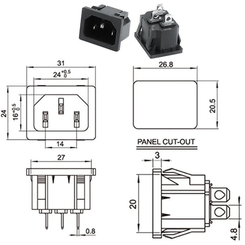 3-pin IEC 320 C14 power receptacle connector structure for panel mounting, male and female types