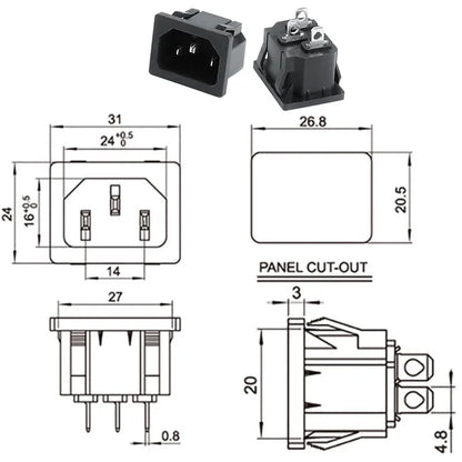 3-pin IEC 320 C14 power receptacle connector structure for panel mounting, male and female types