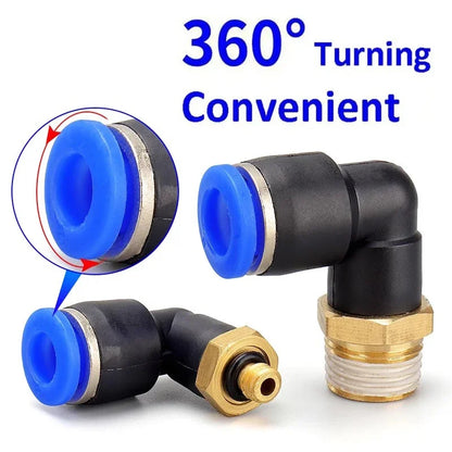 PL series air hose fittings used in industrial pneumatic applications with 4-12mm tube sizes