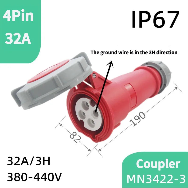 4Pin 32A-3h industrial plug installed for refrigerated container applications, quad marine four hole connector socket MN3412, 380-440V