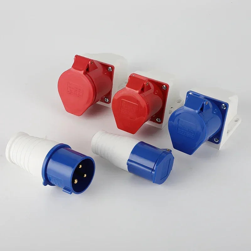 industrial waterproof connector showing plug and socket structure for 16A 32A electrical connections