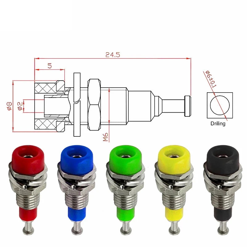 2mm banana female socket jack showing insulated copper wiring terminal structure