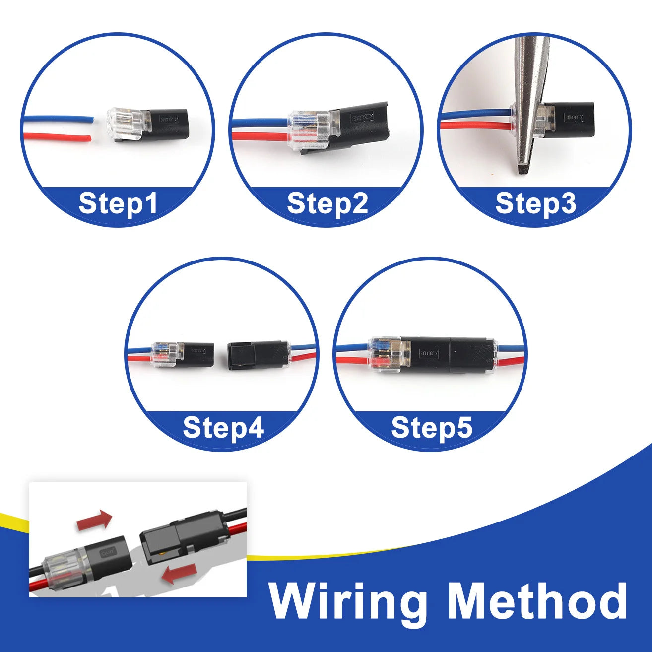 Close-up of 2 Pin insulated strip terminal block connectors for automotive and car wiring
