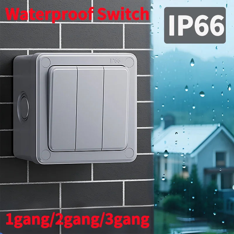 IP66 outdoor wall switch 16A, weatherproof push button, 1/2/3 gang electrical for garden, patio, and exterior use