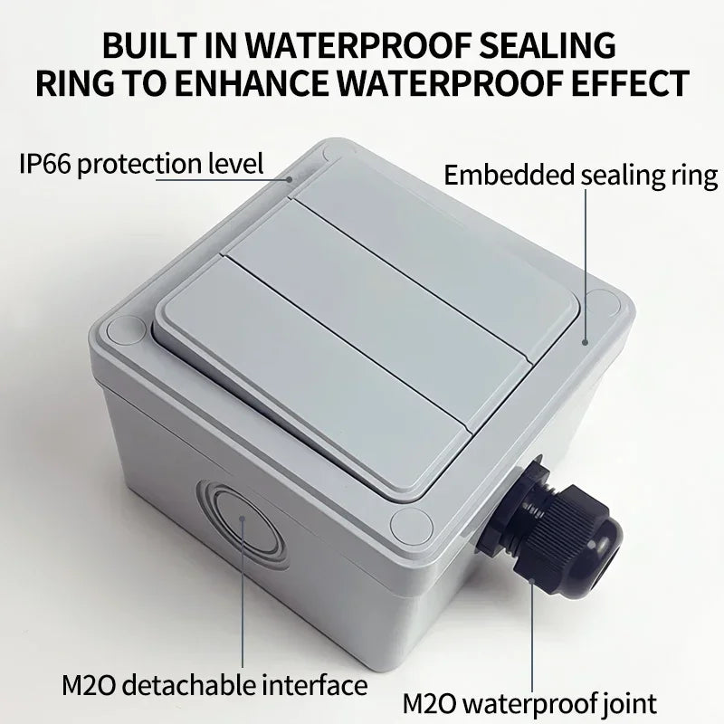 Structure of IP66 outdoor wall switch, 16A weatherproof push button, 1/2/3 gang electrical design for exterior use