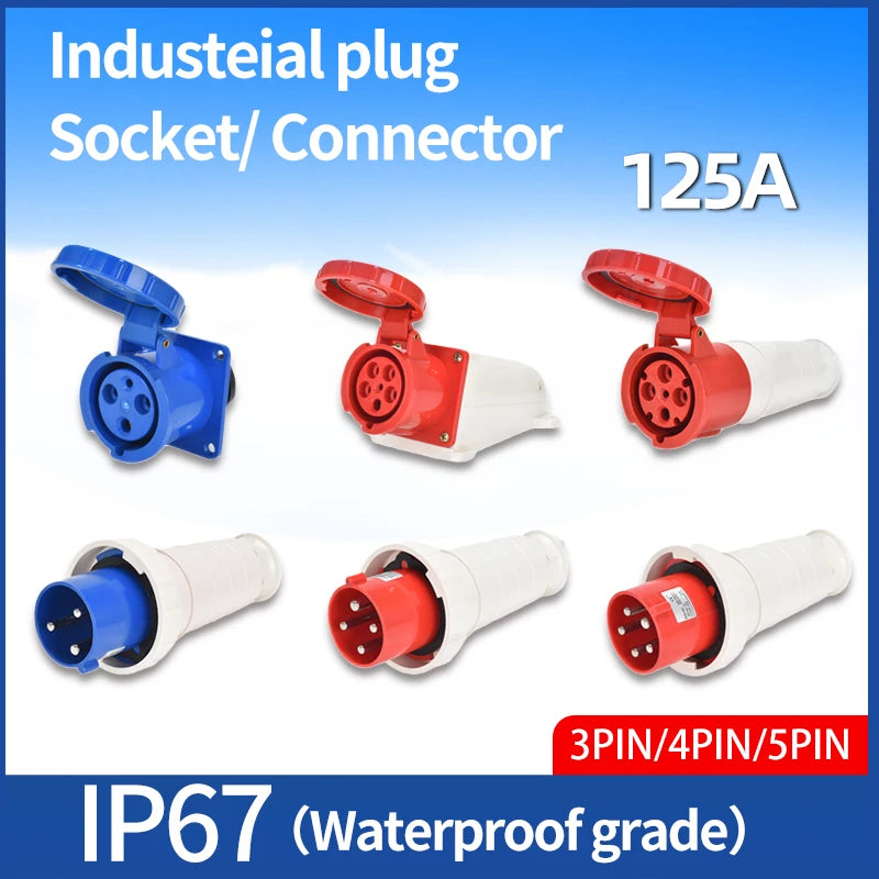 Industrial IP67 plug 3/4/5 pin 125A waterproof dustproof socket, male and female, wall mounted panel with concealed conductor, 380V 415V