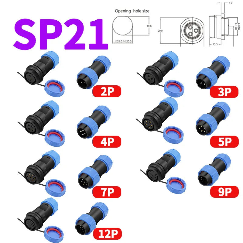 Close-up of SP series IP68 waterproof aviation connector for panel mounting, 2-12Pin plug and socket