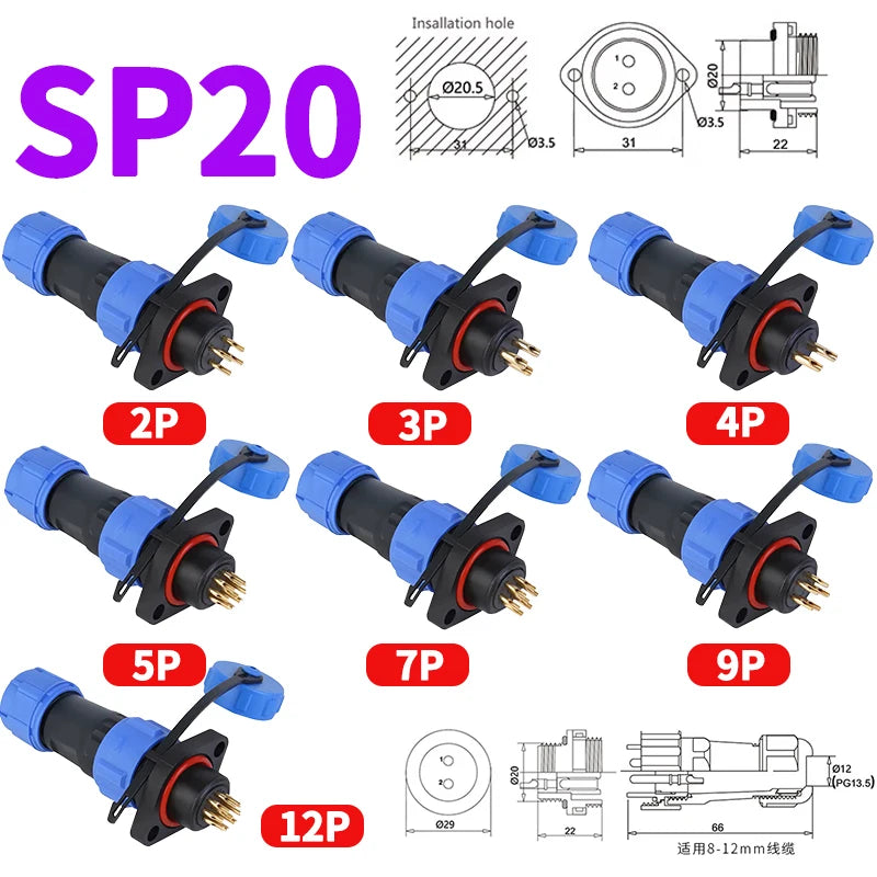 Structure of IP68 aviation connector, panel mount male and female plug socket, circular 2–12 pin, designed for industrial equipment