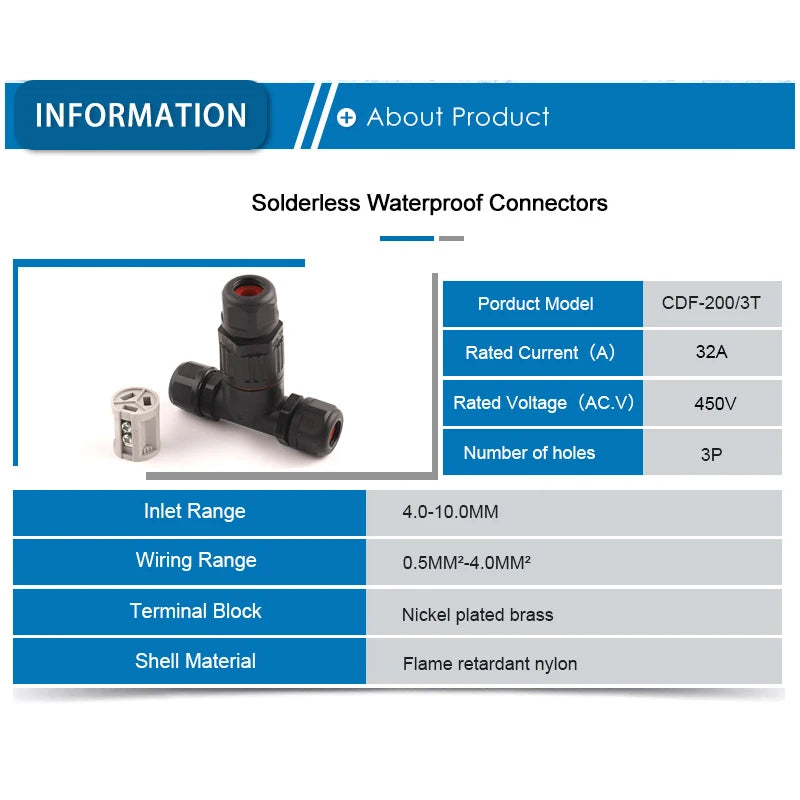 Set of IP68 I/T shape waterproof connectors, 2/3/5 pin wire, quick screw and push-in terminals for DIY electrical projects