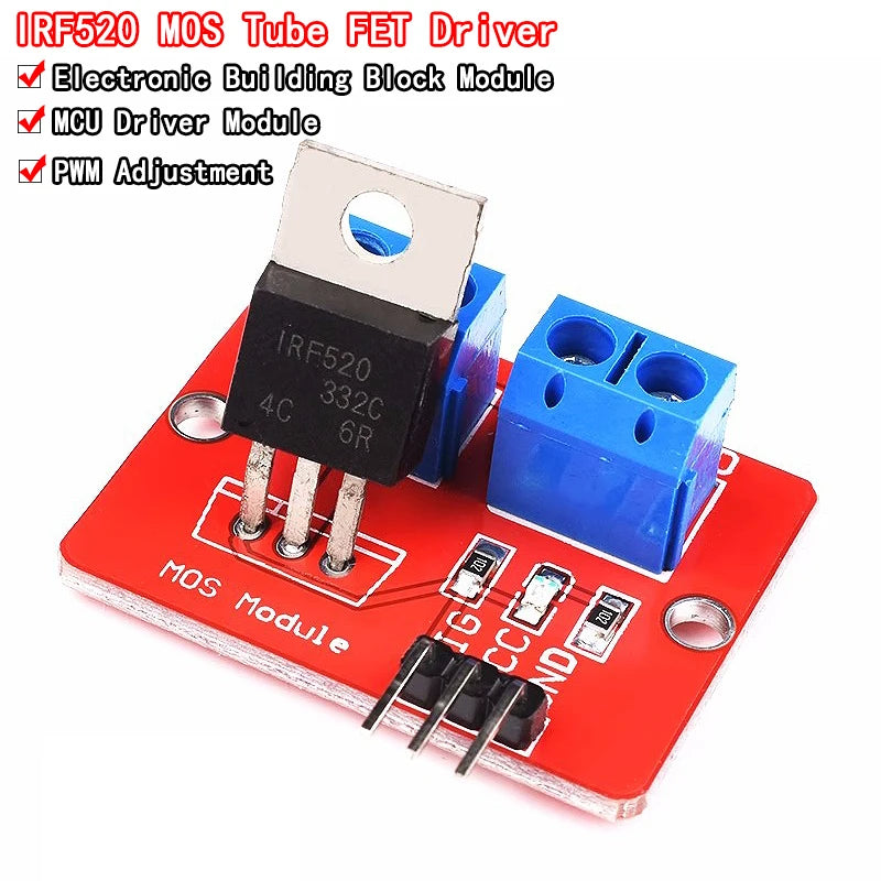 IRF520 MOSFET driver module, 0–24V, compatible with Arduino, MCU, ARM, Raspberry Pi, ideal for controlling motors, LEDs, and DIY electronics projects