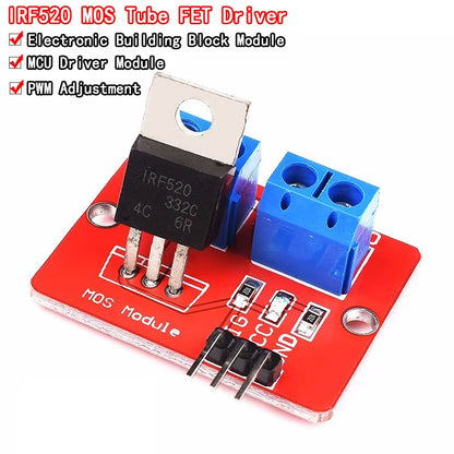 IRF520 MOSFET driver module, 0–24V, compatible with Arduino, MCU, ARM, Raspberry Pi, ideal for controlling motors, LEDs, and DIY electronics projects