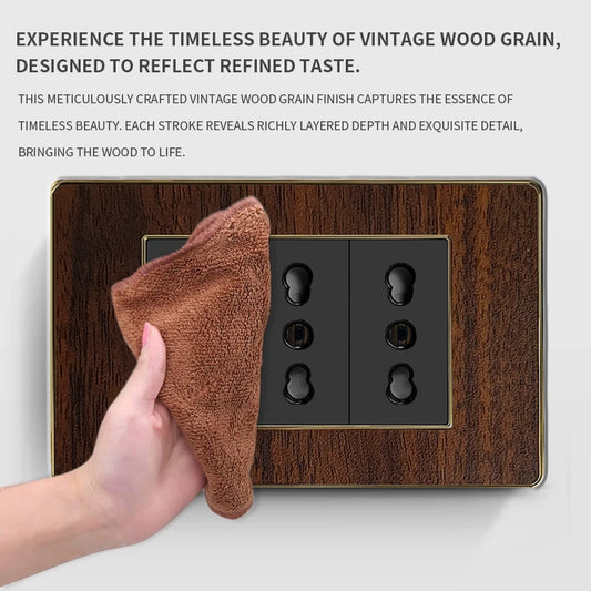 Close-up of 118-Type retro wood grain wall plate, black spray-painted plastic panel for Italy standard switches and sockets