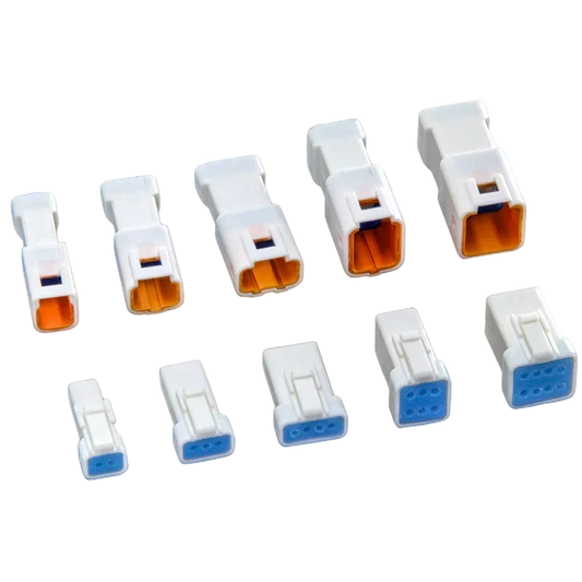 JST02R-JWPF-VSLE automotive waterproof connectors showing 2/3/4/6/8 pin male and female butt plugs