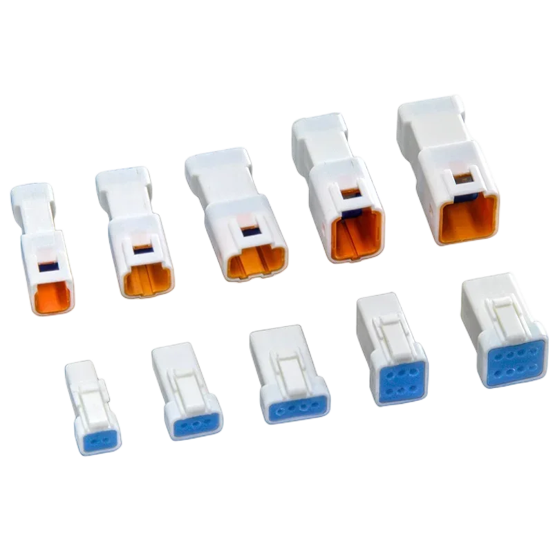 JST02R-JWPF-VSLE automotive waterproof connectors showing 2/3/4/6/8 pin male and female butt plugs