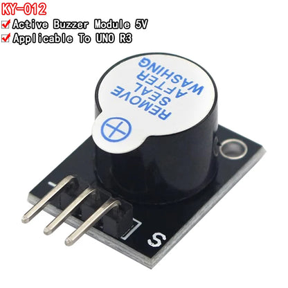 KY-012 active buzzer module with compatible accessories, ideal for Arduino and DIY electronics projects, sound output module