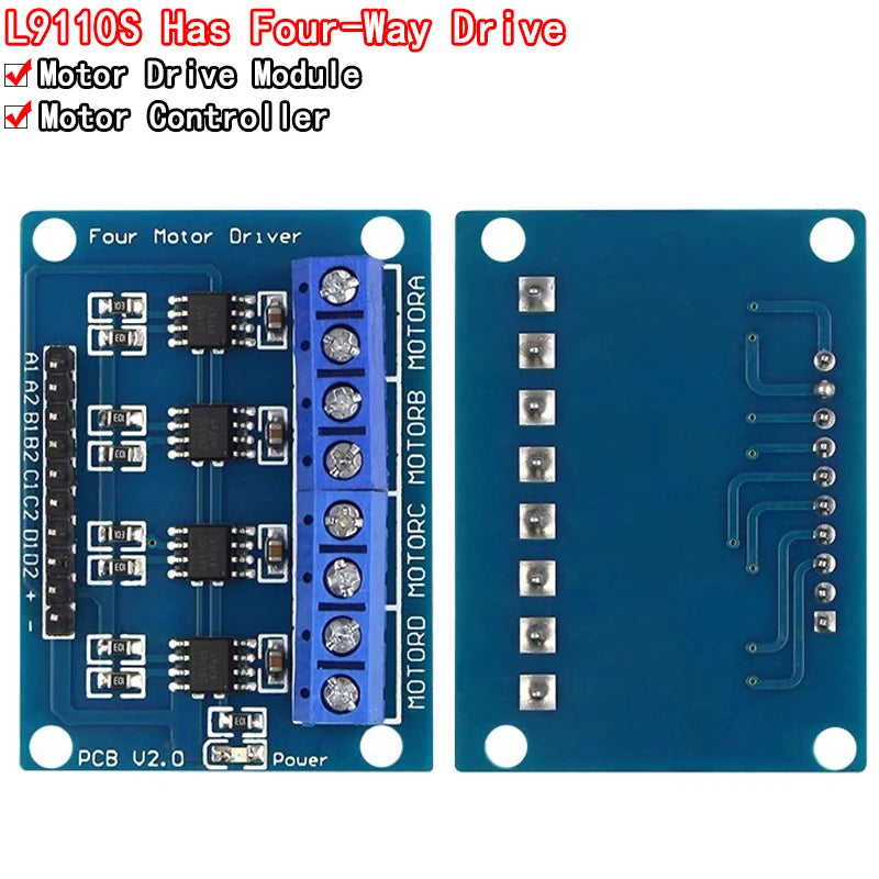 L9110S 4-channel DC motor driver module with dual H-Bridge, 2.5V–12V 800mA, suitable for smart car and robotics projects