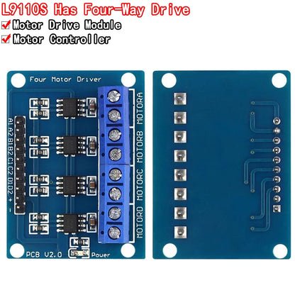 L9110S 4-channel DC motor driver module with dual H-Bridge, 2.5V–12V 800mA, suitable for smart car and robotics projects