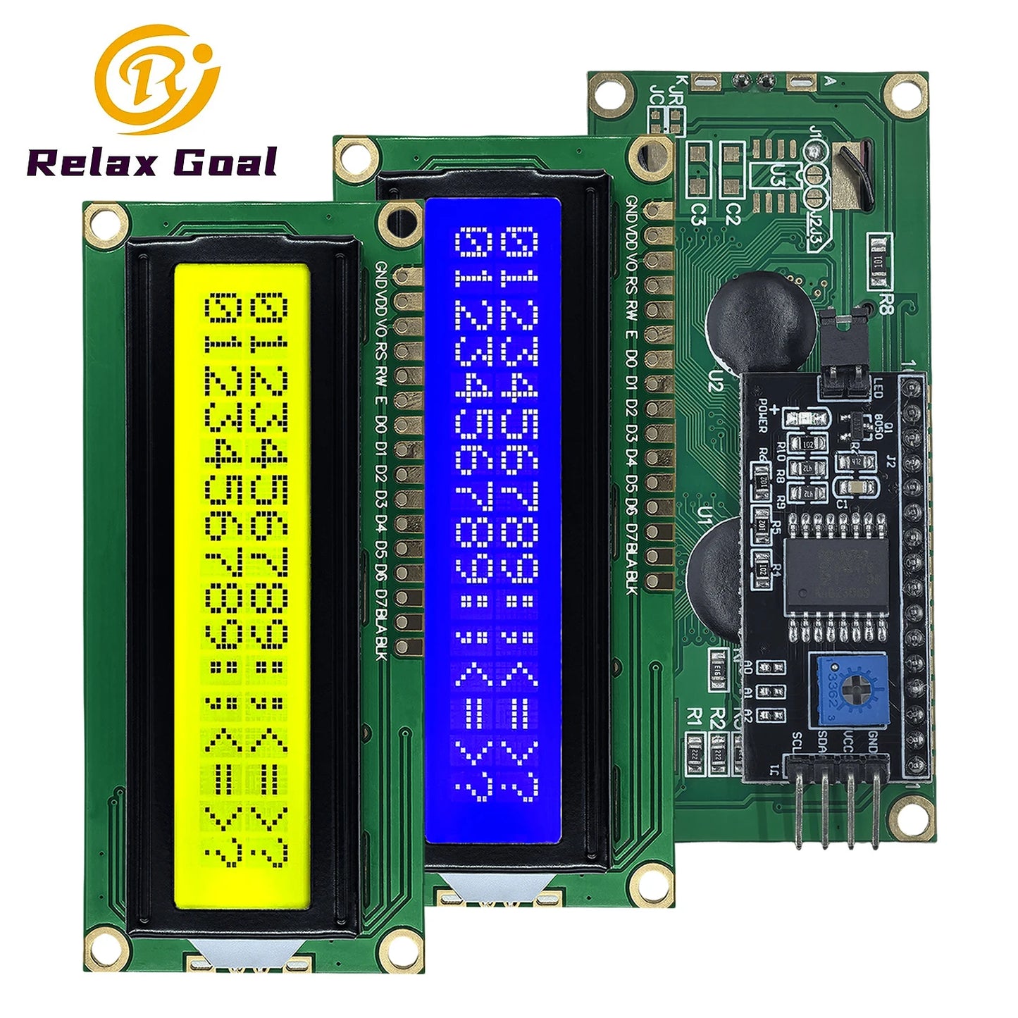 LCD1602 16x2 character I2C LCD display module with PCF8574 adapter interface and 5V blue, yellow, or green backlight for Arduino and DIY electronics