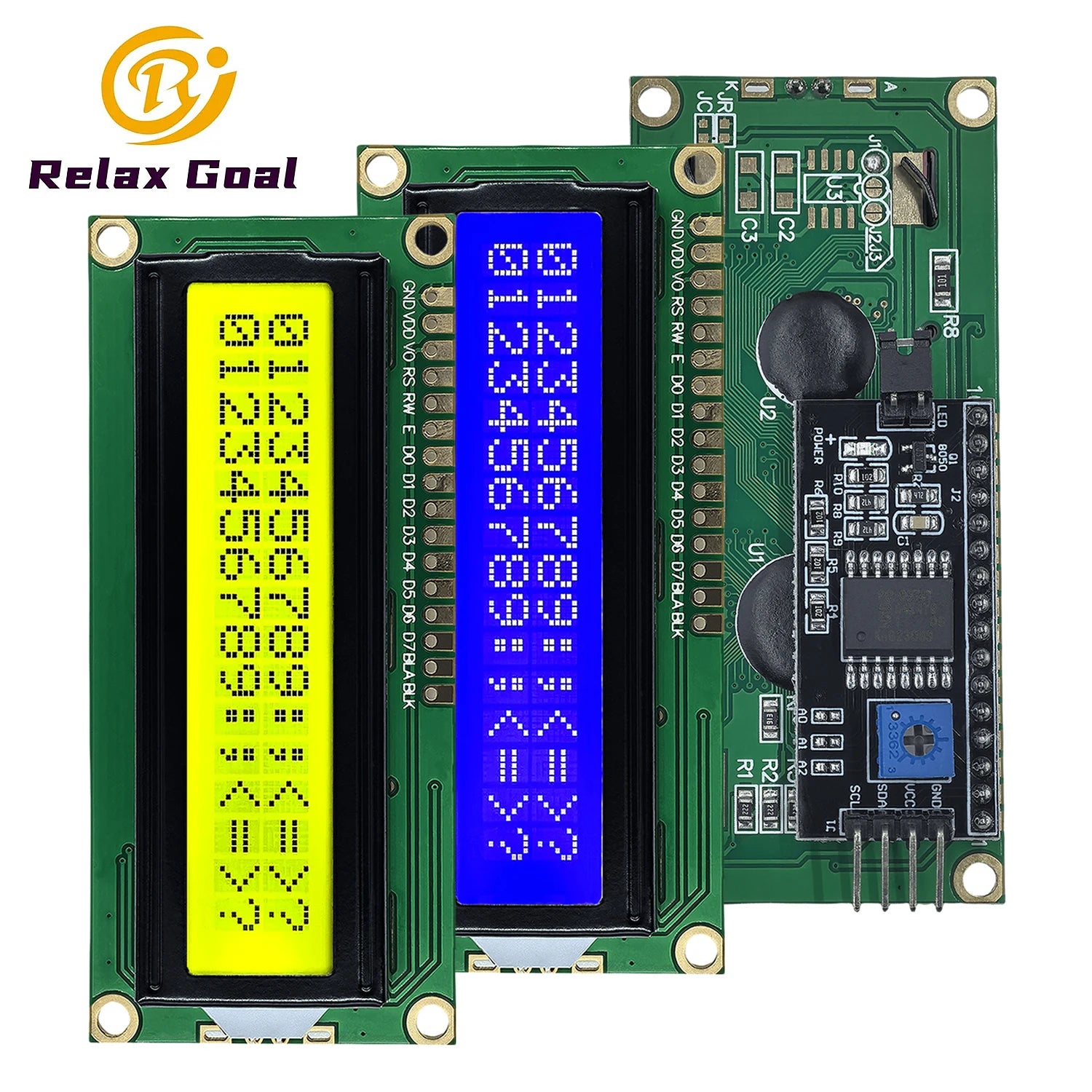 LCD1602 16x2 character I2C LCD display module with PCF8574 adapter interface and 5V blue, yellow, or green backlight for Arduino and DIY electronics