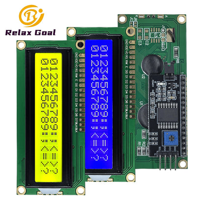 LCD1602 16x2 character I2C LCD display module with PCF8574 adapter interface and 5V blue, yellow, or green backlight for Arduino and DIY electronics