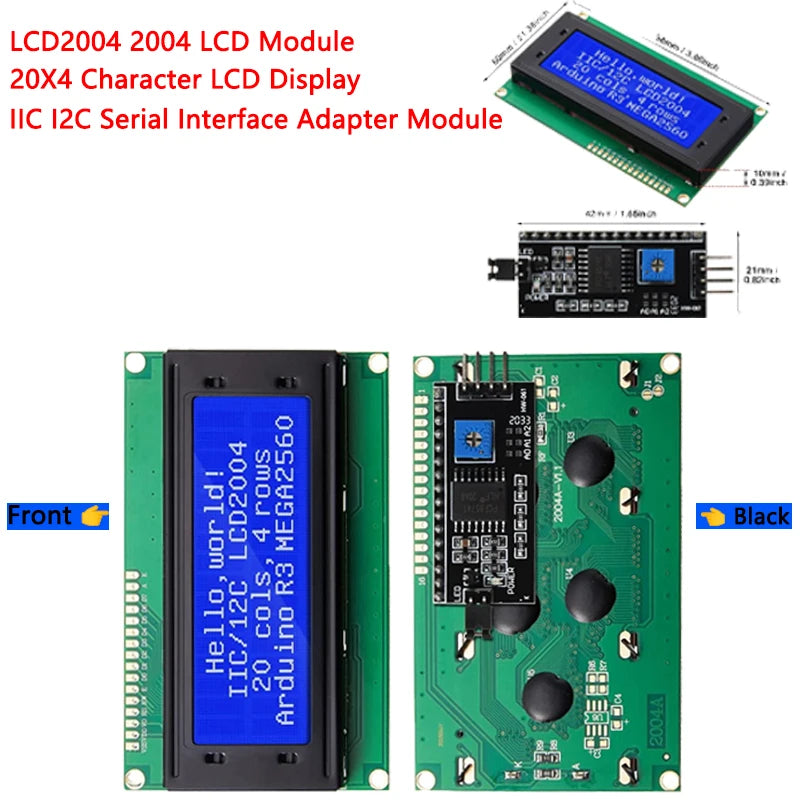 LCD2004 20x4 character LCD module with I2C/IIC serial interface, compatible with Arduino, available in blue, green, or white backlight
