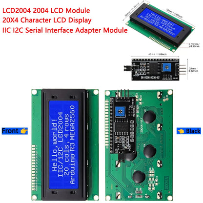 LCD2004 20x4 character LCD module with I2C/IIC serial interface, compatible with Arduino, available in blue, green, or white backlight