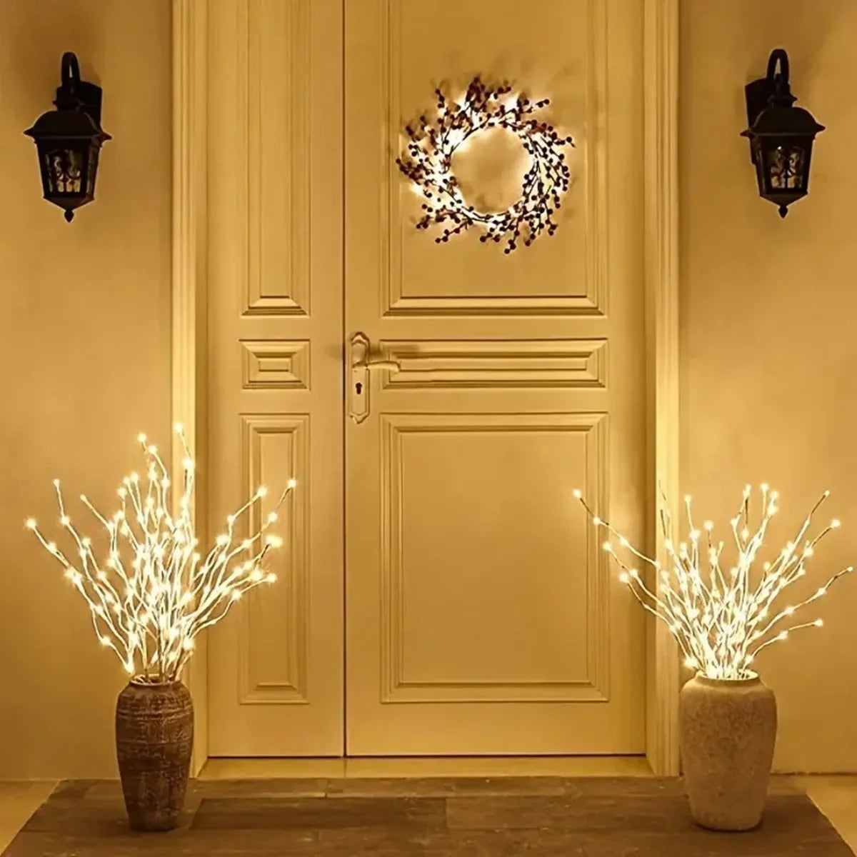 Close-up of white birch LED branch light for festive and wedding decoration